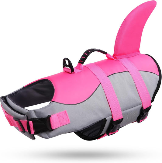 Dog Life Jacket Ripstop Shark Dog Safety Vest Adjustable Preserver with High Buoyancy and Durable Rescue Handle for Small,Medium,Large Dogs, Pink Shark X-Small